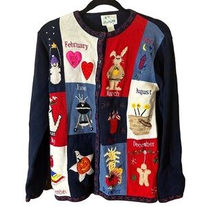 The Quacker Factory Embroidered Calendar Months Cardigan Sweater Women's Sz M